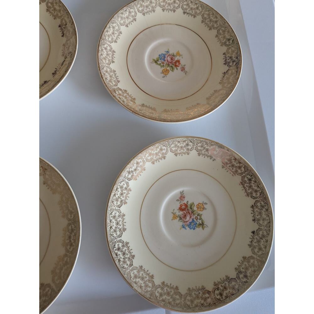 Paden City Pottery Pink Rose Pattern & Gold Trim Set Of 8 Plates & 2 Tea Cups - Picture 5 of 8